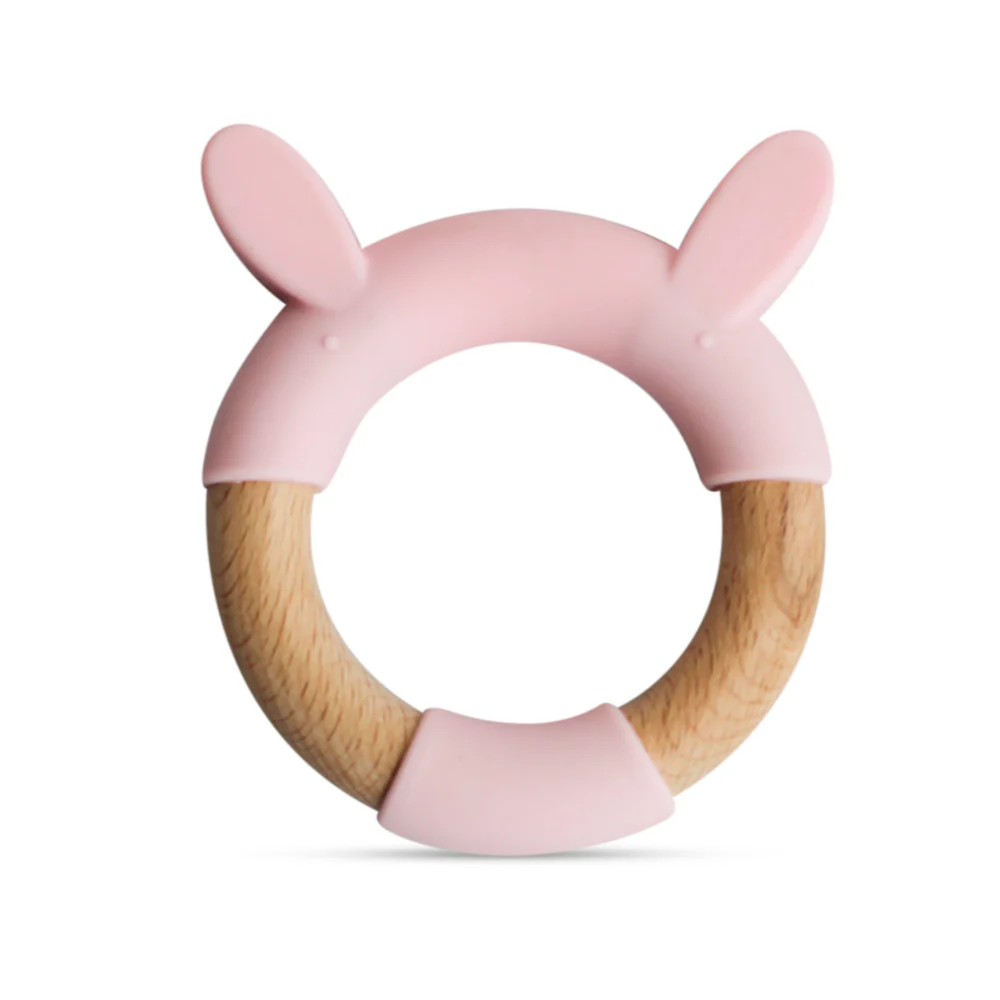 Little Rawr Wood Silicone Teether Ring Pink