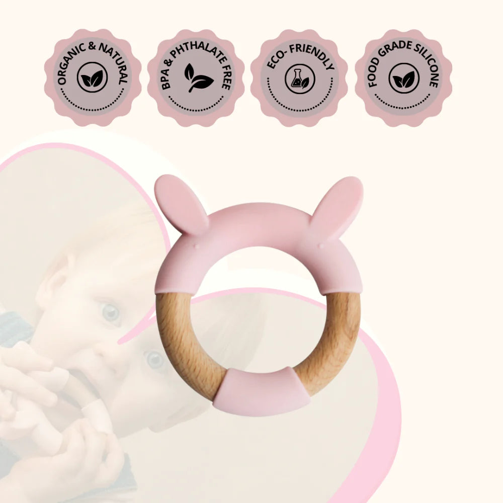 Little Rawr Wood Silicone Teether Ring Pink