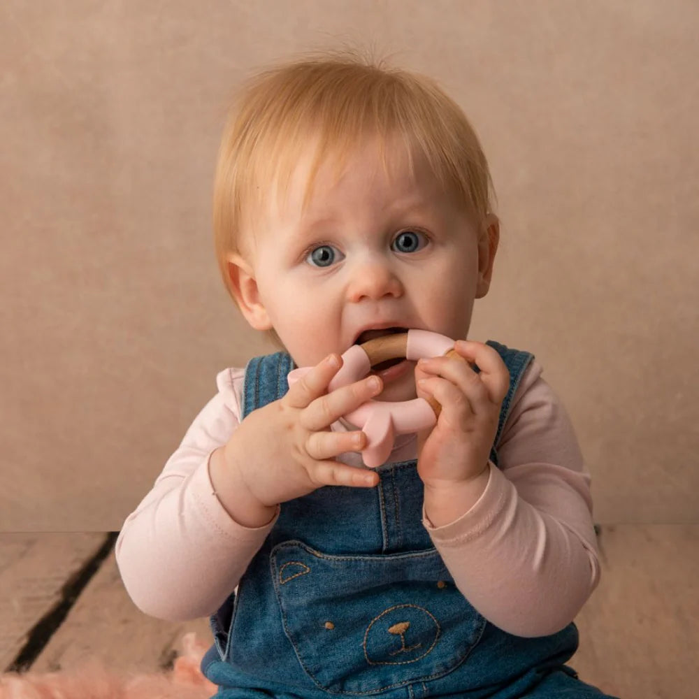 Little Rawr Wood Silicone Teether Ring Pink