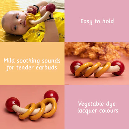 Wooden Rattle - Curvy with Rings